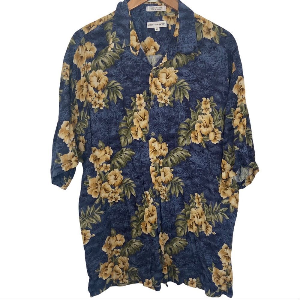 Pierre Cardin blue Floral Hawaiian button up Beach Shirt